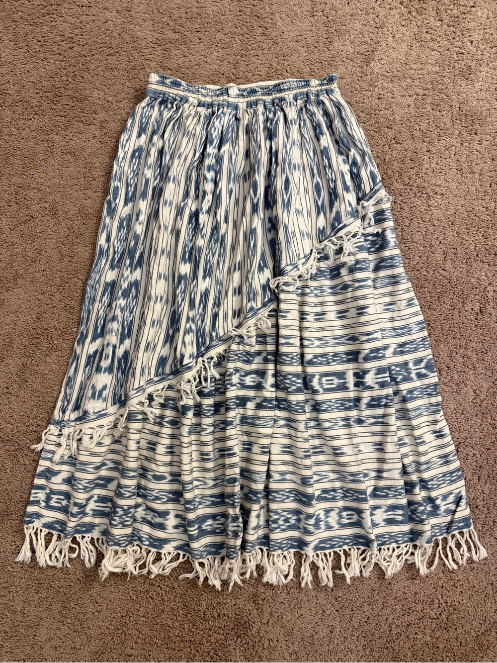Ek-Chuah A-Line Skirt Women size Large Blue White Tiered Fringe Maxi Skirt